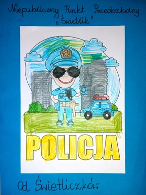 Zdjęcie dyplomu, który otrzymał Policjant od dzieci. Widać na nim narysowany radiowóz i Policjanta.